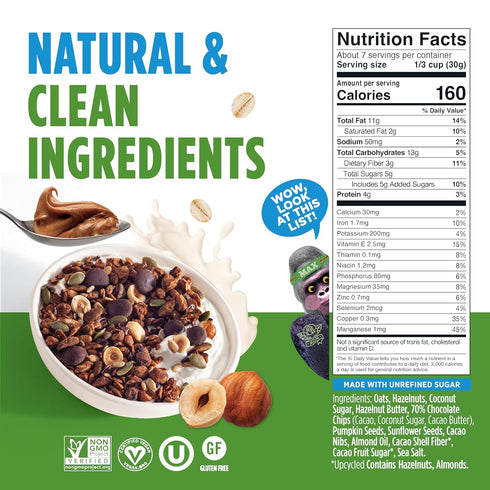 4g 7 oz Blue Stripes Whole Cacao Granola - Gluten Free Dark Chocolate Granola for Cereal, Oatmeal, Yogurt, Protein Per