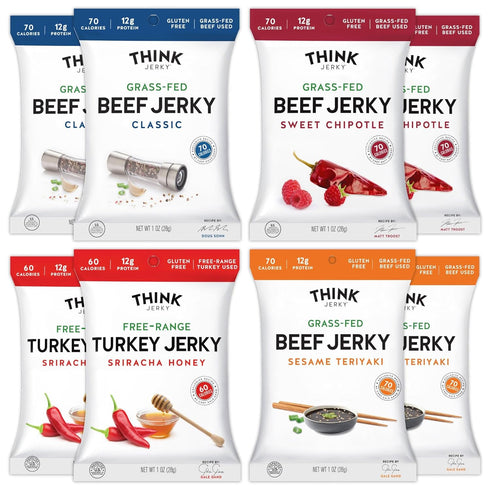 Think Jerky Beef and Turkey Jerky Variety Pack, Classic, Sweet Chipotle, Sriracha