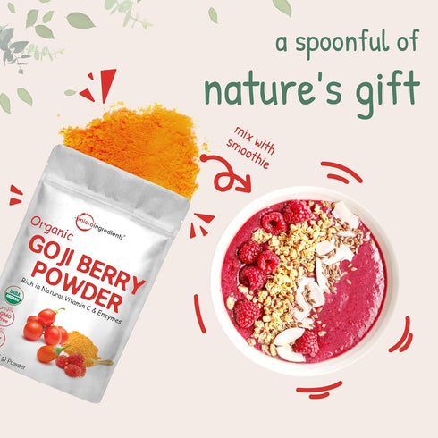 16 100% Organic Goji Powder, Ounces | Natural Fruit Source | Freeze-Dried Berries | Sulfate & Additive Free | Great