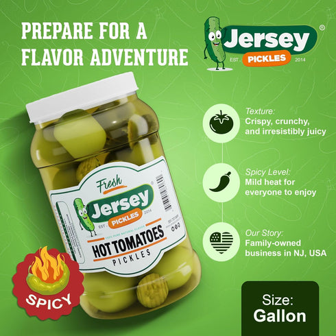 Jersey Pickles - Hot Pickled Tomatoes (Gallon) Pickled Vegetable Handcrafted Gourmet Topping for Sandwiches