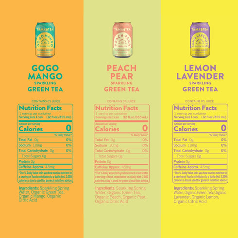 Pack, 45mg 12 oz (12-Pack) Unsweetened Sparkling Green Tea by Tama Tea - Organic Iced Green Tea Variety Zero Calories