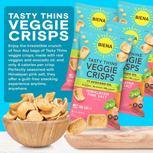 4-Pack, 4 BIENA Tasty Thins Veggie Crisps - Made with Avocado Oil - Low Calorie Veggie Chips for Adults and Kids