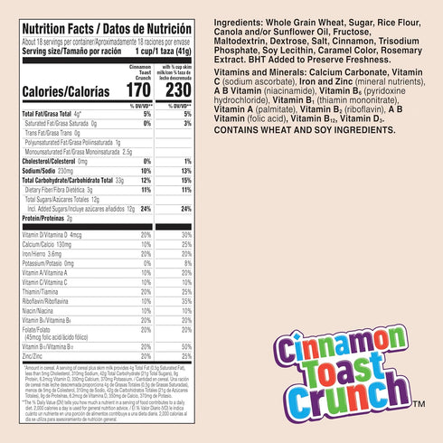 27 oz Cinnamon Toast Crunch Breakfast Cereal, Crispy Cinnamon Cereal, Mega Size