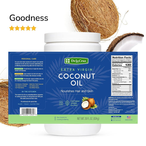 100% 30 OZ De La Cruz Extra Virgin Coconut Oil - Pure for Skin and Hair - Cooking - Multipurpose, Unrefined and Cold