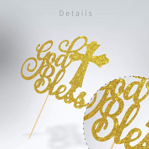 WeBenison God Bless Cake Topper, Gold Glitter for First Communion Baby Shower Party Decorations
