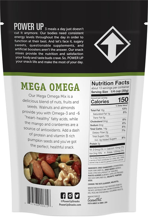 14 Power Up Trail Mix, Mega Omega Trail Mix, Non-GMO, Vegan, Gluten Free, No Artificial Ingredients, Gourmet Nut, Ounce