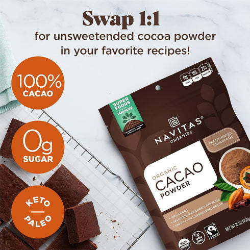 16 oz. (Pack 2) (19-002) Navitas Organics Cacao Powder, Bags of Organic, Non-GMO, Fair Trade, Gluten-Free