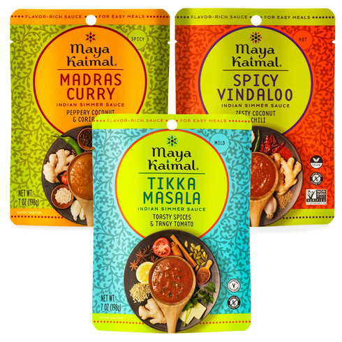 Maya Kaimal Indian Simmer Sauce, Tikka Masala, Madras Curry & Spicy Vindaloo,