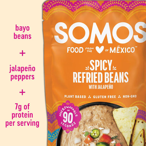 10 oz (Pack 6) SOMOS Spicy Refried Beans - Gluten Free, Non-GMO, Vegan & Microwavable Meals Ready to Eat - Delicious
