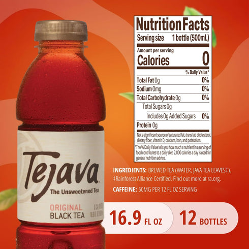 12 Pack, 16.9oz Tejava Original Unsweetened Black Iced Tea, PET Bottles, Non-GMO, Kosher, No Sugar or Sweeteners, No