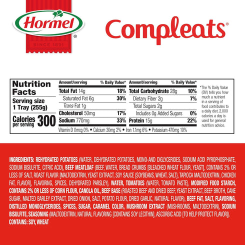 9 oz. (6 Pack) HORMEL COMPLEATS Meatloaf & Gravy With Mashed Potatoes Microwave Tray