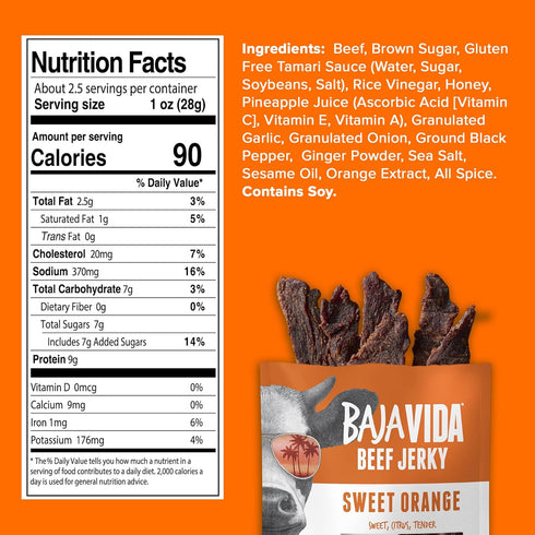 Packs, 2.5 Oz (Pack 4) Baja Vida Sweet Orange Beef Jerky - Beef Jerky Snack Healthy Jerky, Gluten-Free, All-Natural