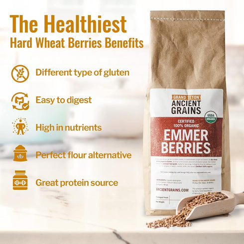 Emmer 100% Emmer 5 lbs Grand Teton - Ancient Grains Wheat Berries, Organic Berries, Premium Food-Grade Wheat Berries