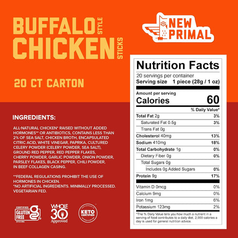 9g 20 New Primal Buffalo Chicken Sticks, Keto, Gluten Free Healthy Snacks, Sugar Free Low Carb High Protein, Jerky Meat