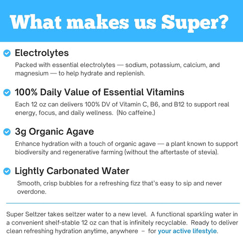 12 Oz, Pack 12 Super Seltzer Sparkling Water with Electrolytes and Vitamins, Grape Naturally Flavored, Fl of cans