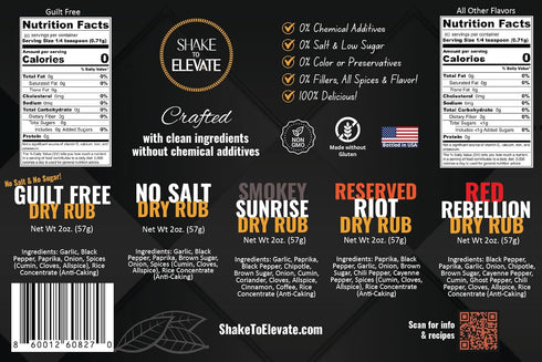Set 0% 0% (set 5 Shake to Elevate - No Salt BBQ Dry Rub Collection Seasoning Gift Box | No Salt Seasoning | Heart