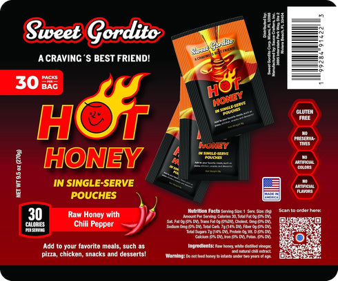 9g 30u Packet Sweet Gordito Spicy Hot Honey Sachet, ziplog of Pure Natural Honey Infused with Chili | Single-Serve Hot