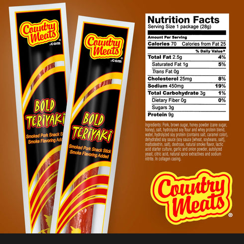 Country Meats Meat Sticks - 0 Trans Fat, USDA Certified, Good Source of Protein, 10 Bold Teriyaki Sticks