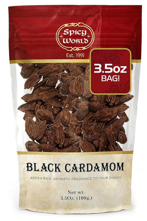 Whole Kali Elaichi Indian Spice by Spicy World, Black Cardamom Pods 3.5 Oz Bag (100gm)