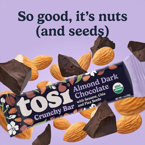 (6G 3s, 1oz, 12-Pack Tosi Nut Bars, Almond Dark Chocolate, Healthy Snacks for Adults & Kids, Plant Based Crunchy Bars