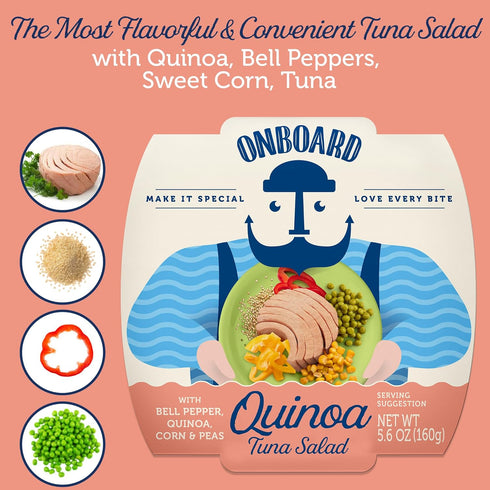 (5.64 oz, Pack 6) Onboard Ready to Eat Quinoa Tuna Salad - Tuna Snacks with Quinoa, Peppers, Corn & Peas - High-Protein