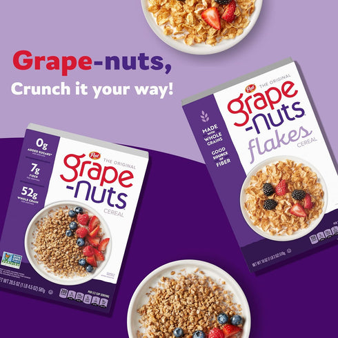 Grape-Nuts 18 OZ Grape Nuts Flakes Breakfast Cereal, Crispy Whole Wheat and Barley Cereal, Great for Yogurts, Parfaits