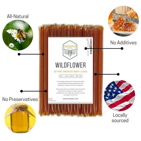 Wildflower Honey Sticks for Tea, Travel & Snacks - Premium Pure Honey Packets from US Beekeepers, 50 Pack