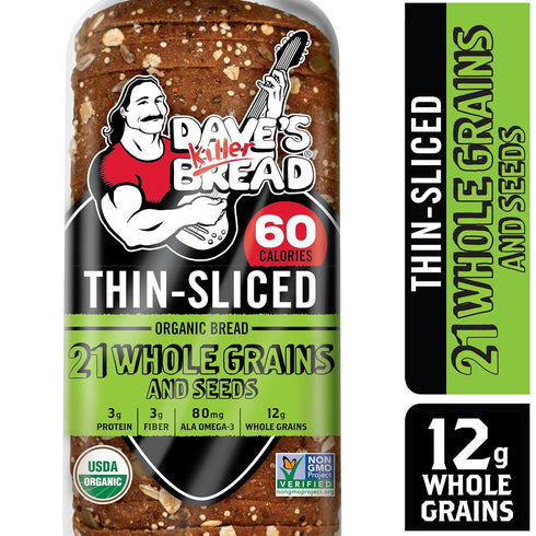 21 20.5 oz Dave's Killer Bread Whole Grains & Seeds Thin-Sliced, Whole Grain Organic Bread, Loaf