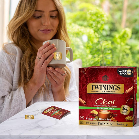 100 Count (Pack 1), 100 Twinings Decaffeinated Chai Individually Wrapped Bags, of Sweet, Savoury Spices, Enjoy Hot