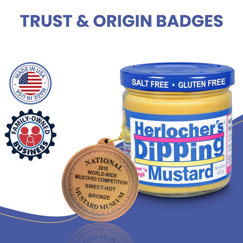 Pack 2 8 oz Herlochers Dipping Mustard of | Sweet & Tangy Mustard Dip, Jar | Gluten-Free, Salt-Free, Fat-Free | Perfect