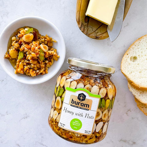 14 oz Buram Honey with Nuts - Healthy Protein Snacks - Peanuts, Walnuts, Pistachios, Hazelnuts - Resealable Jar - High