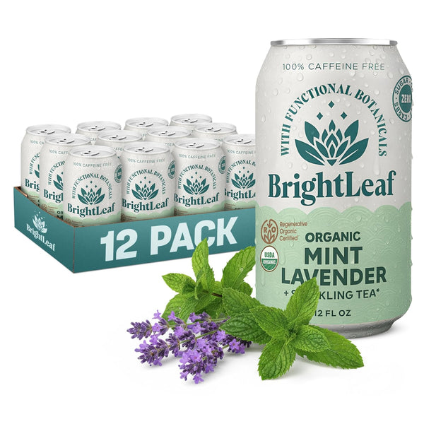 BrightLeaf Mint Lavender Sparkling Tea for Relaxation and Digestion Caffeine-Free, Zero Sugar,