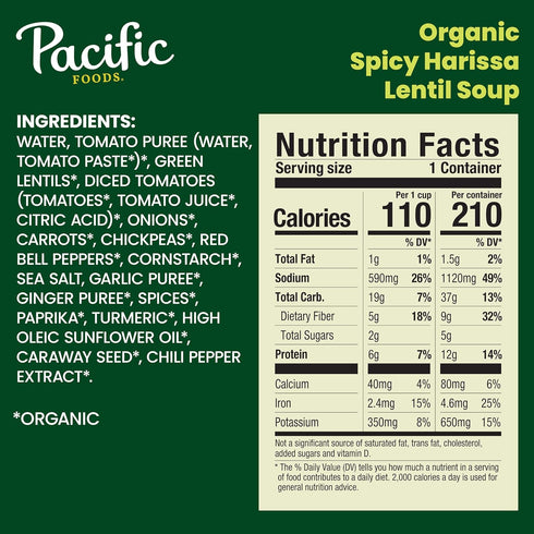 16.3 oz Pacific Foods Organic Spicy Harissa Lentil Soup, Plant Based, Can