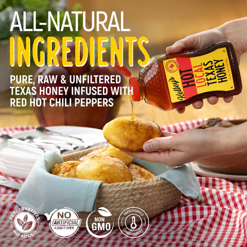 12 Oz 100% Kelley's Hot Honey, Unfiltered Raw Honey Infused with Chili Pepper Rich Flavor for BBQ, Fried Chicken