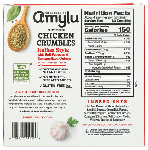 14g 12 oz Amylu Foods Italian Style Chicken Crumbles, Natural Ingredients, of Protein, GAP Certified Chicken Raised