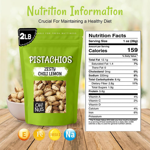 2 LB Packed Oh! Nuts Spiced Pistachios with Chili Lemon Flavor, Bold & Tangy Snack, Tajin-Style Seasoning, Chili