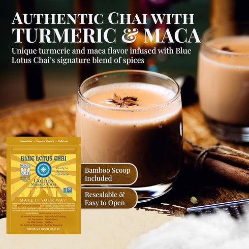 Blue Lotus Chai - Golden Masala Flavor Chai, Makes 17 Cups, 0.5 Ounce Masala Spiced Chai Powder, Instant Indian Tea