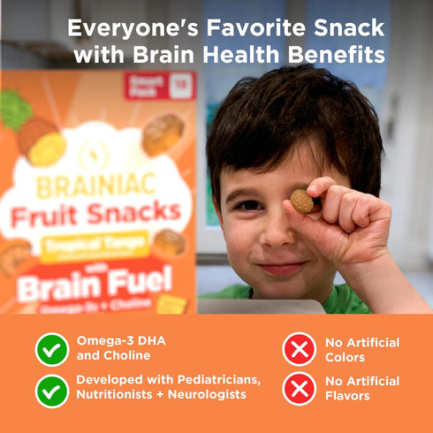 BrainPack Omega-3s 36ct Brainiac Fruit Snacks, Tropical Tango, Brain Boosting Patented Ingredients with DHA/EPA