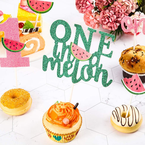 Set of 27 Glitter Watermelon Cake Cupcake Toppers, One in a Melon Birthday Party Decor, Kids Party Supplies for Baby