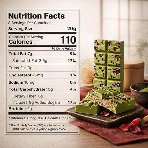 5.6oz Matcha White Chocolate Bar with Strawberry Paste, Dried Strawberries, Kataifi Crunch & Dried Rose Petals Handmade