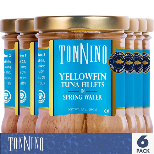Pack 6 Tonnino Yellowfin Tuna Fish Premium Spring Water of Alternative to Salmon Protein Snacks Ready to Eat Meals