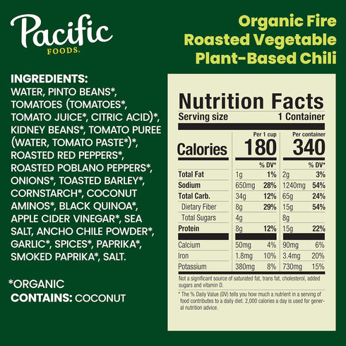 16.5 oz Can(Pack 1) Pacific Foods Organic Fire Roasted Vegetable Chili, Plant Based