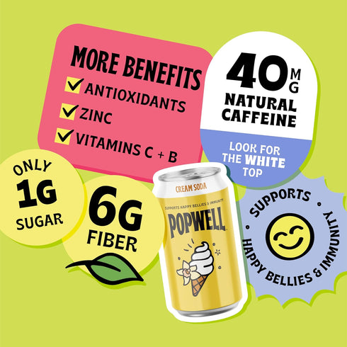 6g 1g Immunity 12 oz (pack 12) Popwell Cream Soda Caffeinated Better-For-You Prebiotic Soda, with Fiber, Sugar