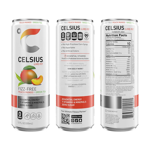 12 Oz (Pack 12) CELSIUS Fizz Free Peach Mango Green Tea, Sugar Free Energy Drink, Fl