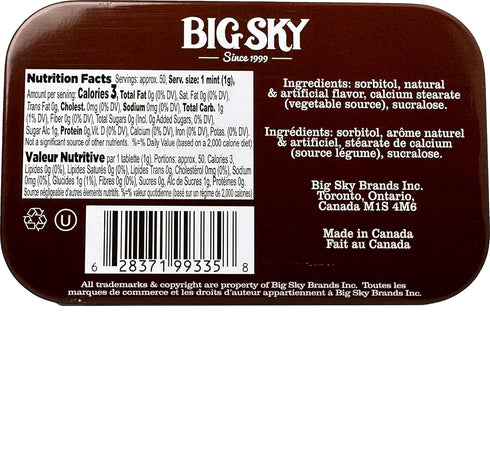 50 Count (Pack 6) Big Sky Sugar Free Mints - Chocolate Mint - Tin of | Kosher Certified, Vegan Candy | Aspartame
