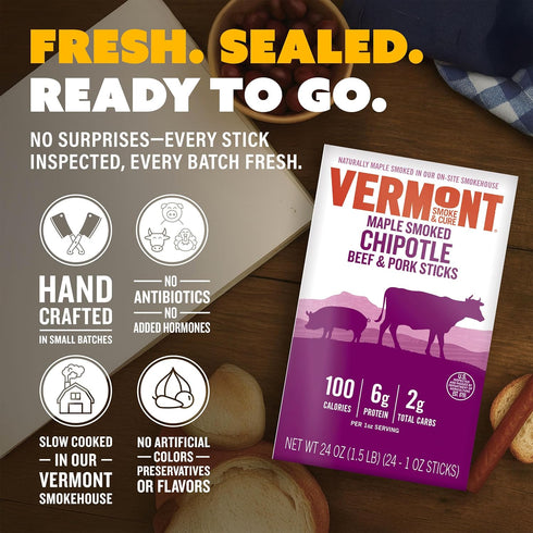 1oz 24 count Snack Sticks by Vermont Smoke & Cure Smoked Chipotle Beef & Pork Healthy Meat Protein Jerky Stick carton