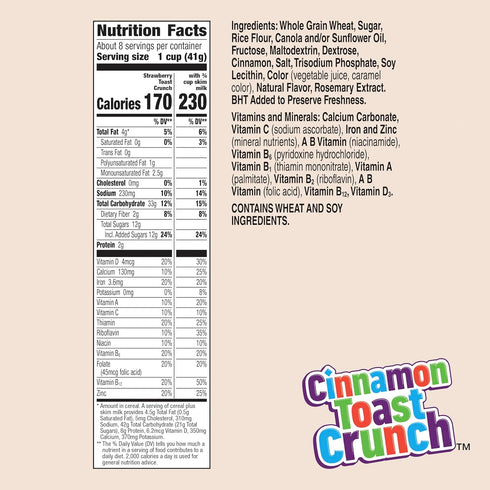 12 oz Cinnamon Toast Crunch Breakfast Cereal, Crispy Strawberry Cereal