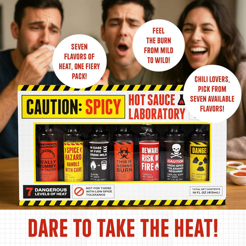 7pk Set Caution Hot Sauce Laboratory Assorted Spicy Flavors with Garlic, Jalapeo, Chipotle, Carolina Reaper & Habanero