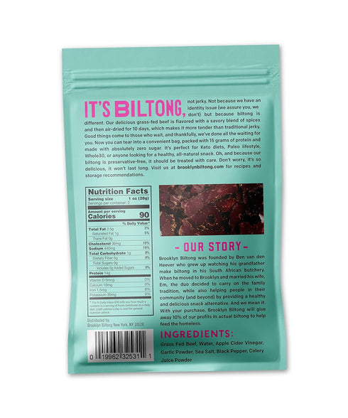 Whole30 2 oz Brooklyn Biltong - Air Dried Grass Fed Beef Snack, South African Beef Jerky - Approved, Paleo, Keto
