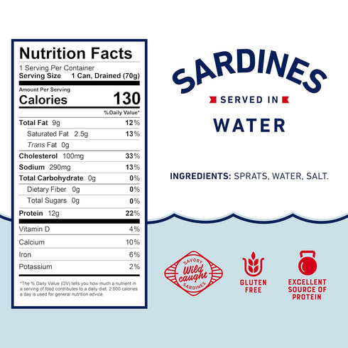 3.75 oz (Pack 12) 12g Beach Cliff Sardines in Water, Can of - Wild Caught Sardines - Protein per Serving - Gluten Free